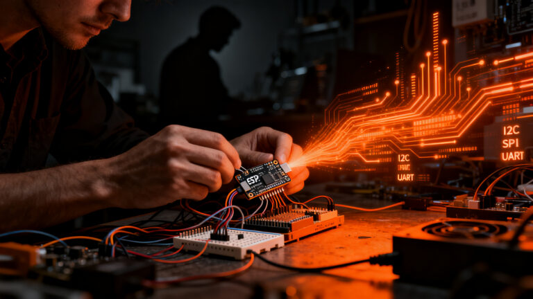 Ingeniero de ciberseguridad analizando protocolos IoT con un dispositivo ESP32 hackeado.