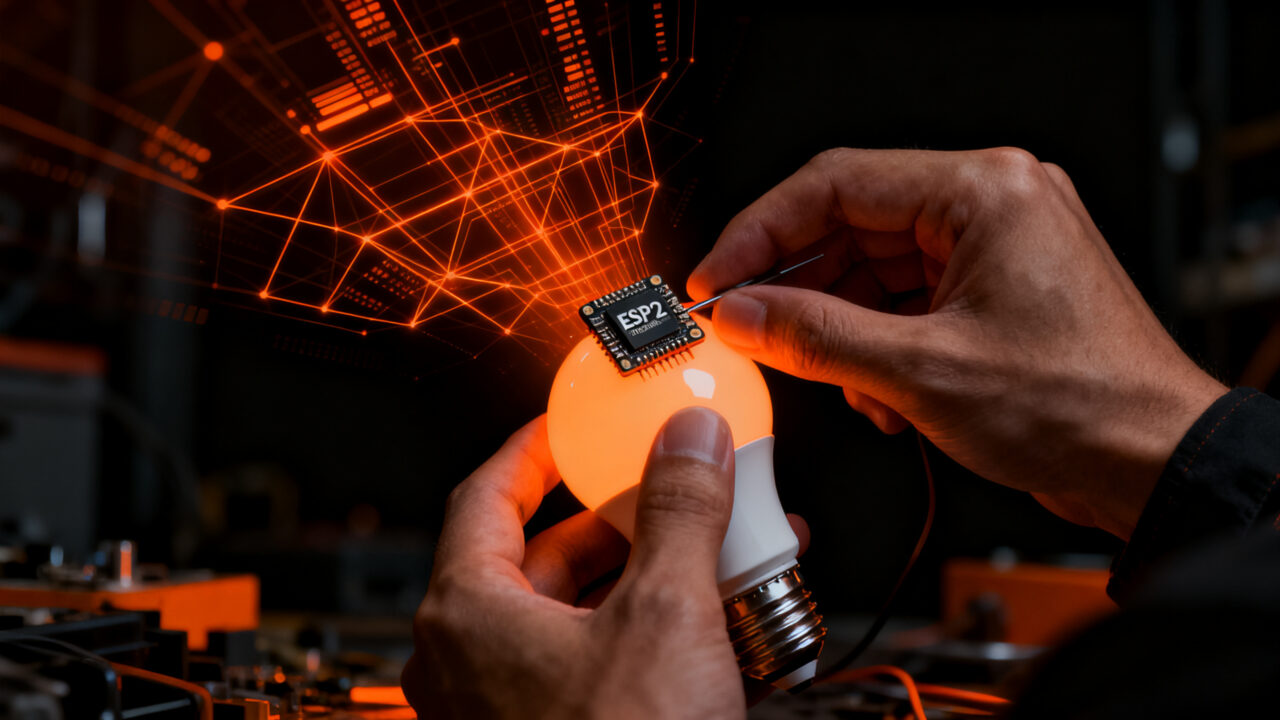 Ingeniero trabajando con microcontrolador ESP32 para soluciones de IoT y computación descentralizada en startups.