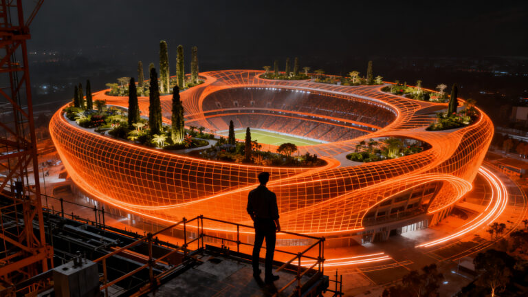 Construcción del estadio jardín en Serbia con ingeniería de alta precisión y diseño sostenible, representando megaproyectos tecnológicos.