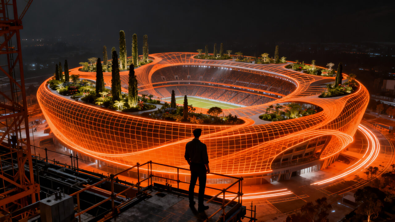 Construcción del estadio jardín en Serbia con ingeniería de alta precisión y diseño sostenible, representando megaproyectos tecnológicos.