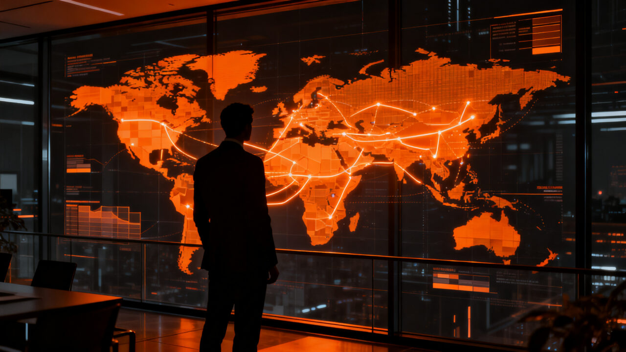 Silueta de ejecutivo analizando un mapa de rutas comerciales entre EEUU y Europa, representando la estrategia de internacionalización frente a aranceles.