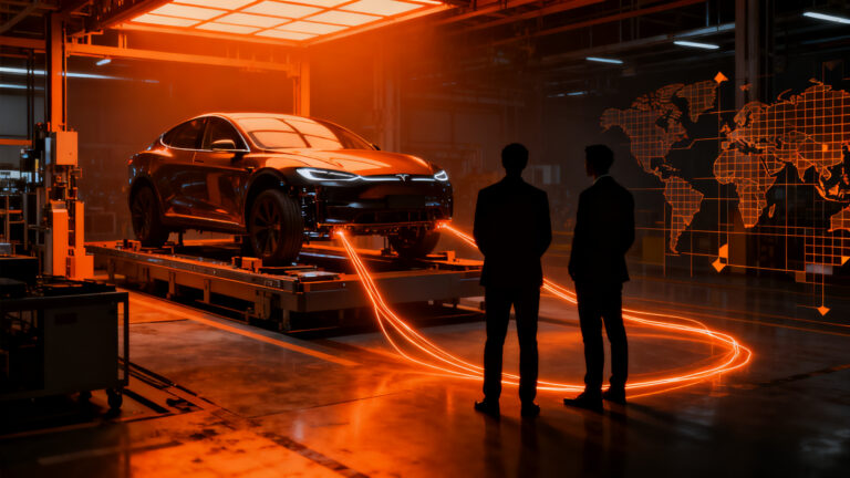 Ejecutivos automotrices negociando una alianza estratégica frente a una línea de ensamblaje de vehículos eléctricos, representando el impacto de los aranceles y la geopolítica tech.