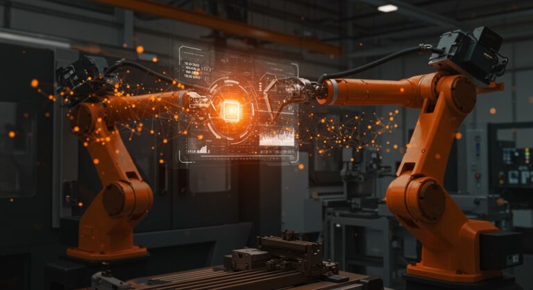 Brazo robótico industrial avanzado en entorno de manufactura automatizada, representando la Expo Maq 2026 y la robótica en LATAM.