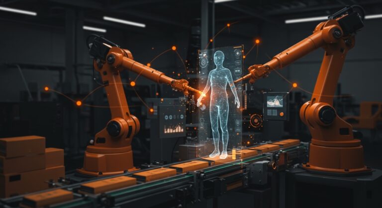 Representación de IA y automatización industrial en packaging para EXPO PACK México 2026.