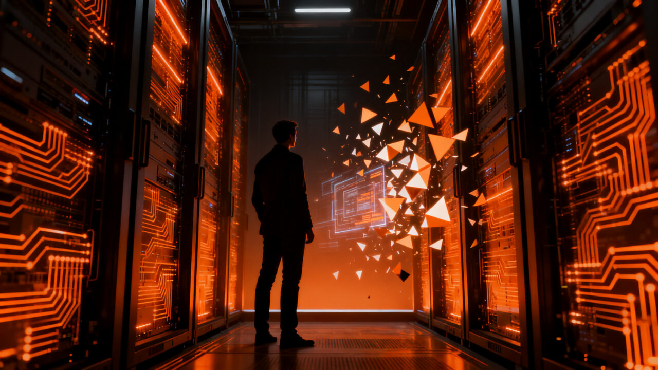 Un emprendedor tecnológico observando una infraestructura de IA colapsada bajo un cielo de datos, representando el riesgo regulatorio y la resiliencia en startups.