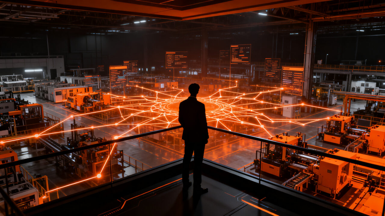 Ejecutivo supervisando una fábrica inteligente potenciada por IA, representando la transformación digital en la industria 4.0.
