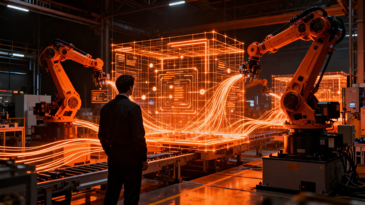 Fábrica inteligente con IA optimizando procesos industriales para mayor productividad en 2026.