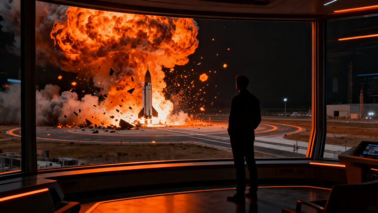 Fundador observando los restos de un cohete espacial explotando, representando la filosofía fail fast en startups y gestión de riesgos.