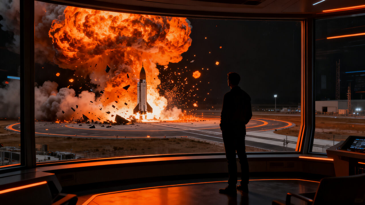 Fundador observando los restos de un cohete espacial explotando, representando la filosofía fail fast en startups y gestión de riesgos.