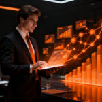 Un inversor de family office analizando métricas de crecimiento y valuación de startups en una oficina moderna.