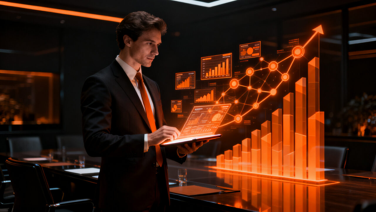 Un inversor de family office analizando métricas de crecimiento y valuación de startups en una oficina moderna.