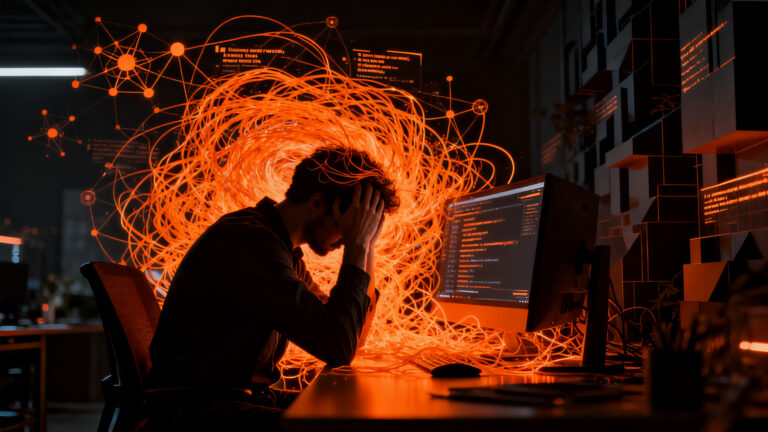 Desarrollador de software agotado frente a una pantalla con redes neuronales, representando la fatiga cognitiva por IA y el brain fry.