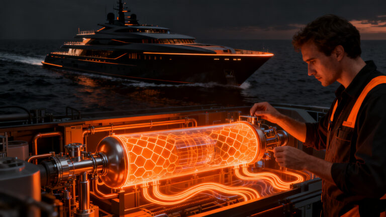 Superyate Feadship Breakthrough utilizando hidrógeno líquido, representando innovación en sostenibilidad marítima y deep tech.