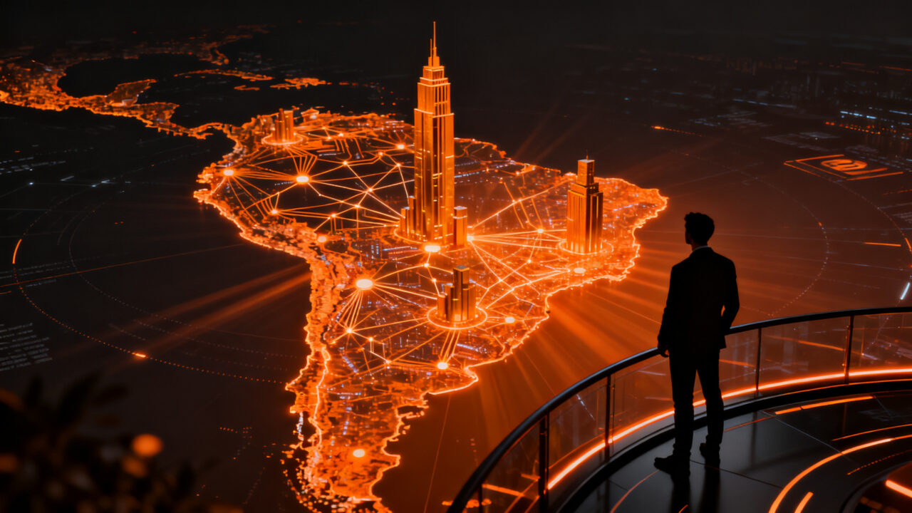 Ejecutivo fintech liderando expansión regional y transformación bancaria, concepto de crecimiento estratégico en el mercado latinoamericano.