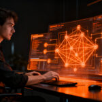 Ingeniero fintech diseñando arquitectura de sistemas financieros complejos con ledger y contabilidad de partida doble.