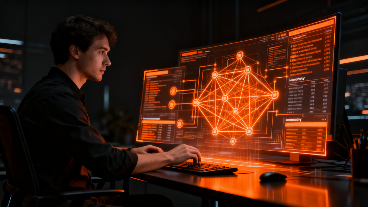 Ingeniero fintech diseñando arquitectura de sistemas financieros complejos con ledger y contabilidad de partida doble.