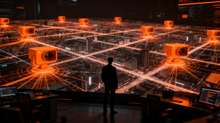 Red de cámaras inteligentes con IA de Flock Safety, analizando el impacto de la vigilancia tecnológica en el mercado startup.