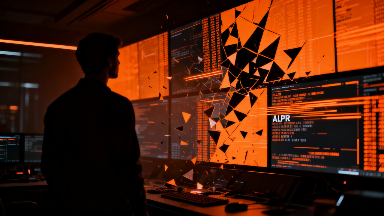 Un experto en ciberseguridad observa una red de vigilancia con IA fallida, representando los riesgos de privacidad en el sector GovTech.