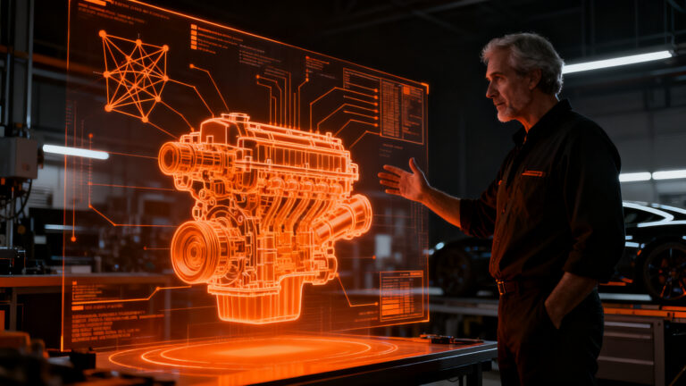 Ingenieros veteranos colaborando con inteligencia artificial en la industria automotriz, simbolizando la importancia del talento humano en la estrategia tecnológica.