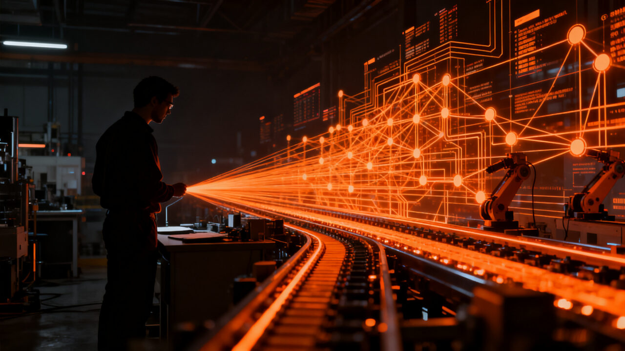 Ingeniero analizando procesos de automatización industrial con IA, representando la supervisión humana necesaria en tecnología startup.