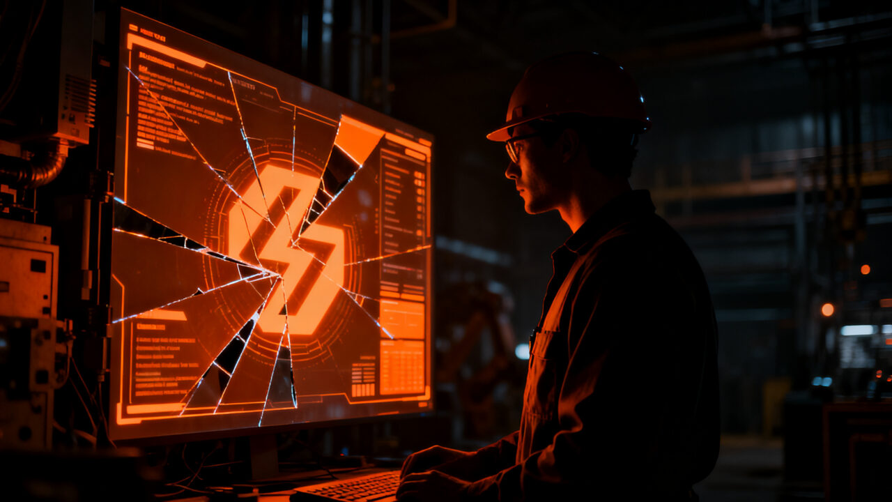 Ingeniero humano supervisando sistemas de IA en crisis, representando el balance entre automatización y talento experto en startups.