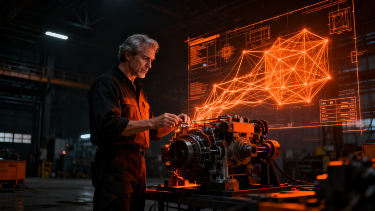 Ingeniero veterano supervisando sistemas industriales tras fallo de IA, representando el retorno al talento humano y la calidad operativa en el sector tecnológico.