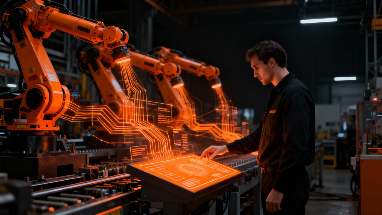 Ingeniero supervisando sistemas de IA en una planta de Ford, representando el enfoque human-in-the-loop en la automatización.