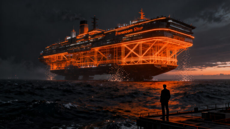 Representación visual de Freedom Ship, una ciudad flotante futurista, destacando los retos de viabilidad en proyectos de infraestructura marítima.