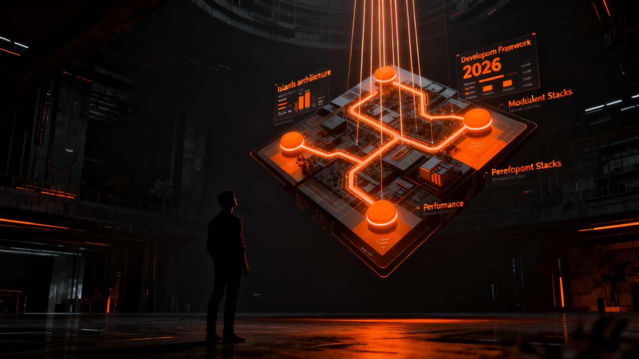 Desarrollador frontend analizando arquitectura web y frameworks 2026 para optimización de rendimiento y productividad.