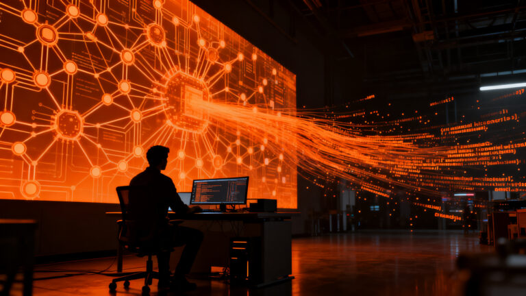 Ingeniero de software trabajando en un entorno futurista de entrenamiento de IA, Gauntlet AI en Austin.