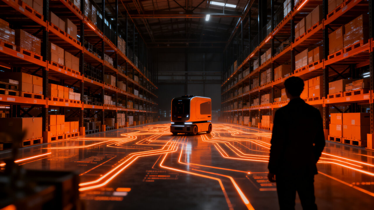 Robot logístico AMR operando en un warehouse automatizado de alta tecnología en América Latina, representando la eficiencia de Geek+ en logística.