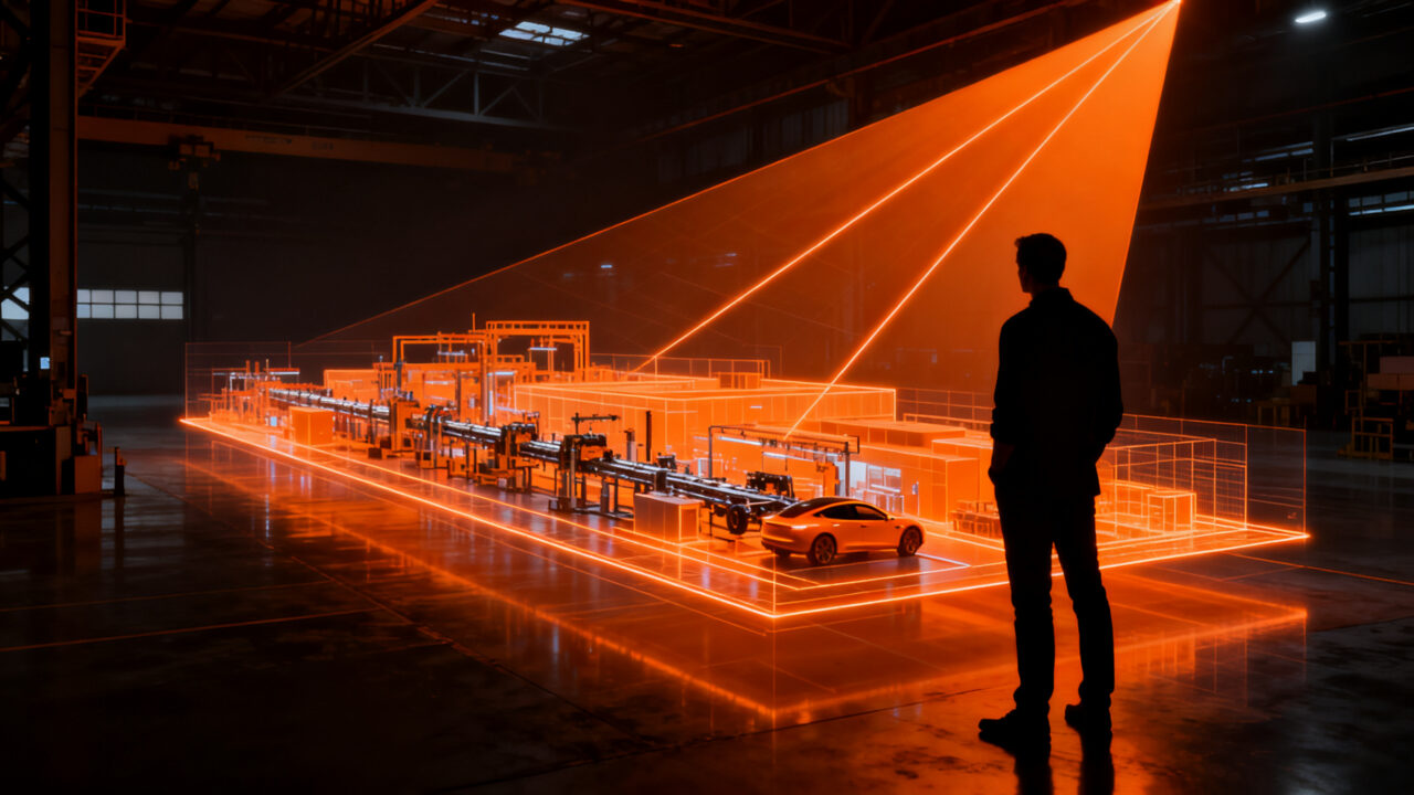 Estratega empresarial analizando una estructura industrial en miniatura, simbolizando la eficiencia operativa y la reestructuración estratégica en el sector automotriz.