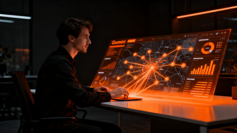 Emprendedor gestionando su estrategia de marketing con inteligencia artificial Gemini en un entorno digital avanzado.