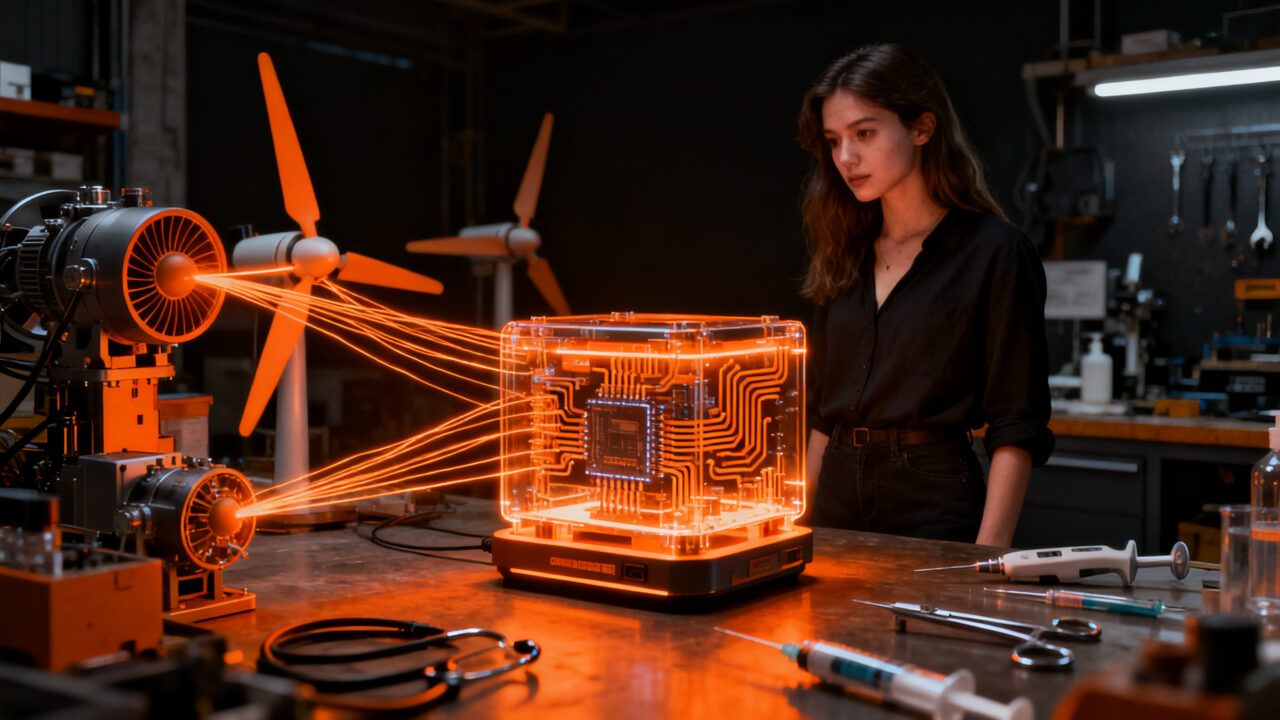 Emprendedora liderando innovación modular en startup deeptech, representando la transición de energía marina a tecnología médica.