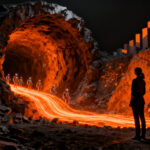 Líder de startup de IA minera con agentes inteligentes optimizando operaciones en túnel subterráneo, representando productividad y tecnología en la minería.