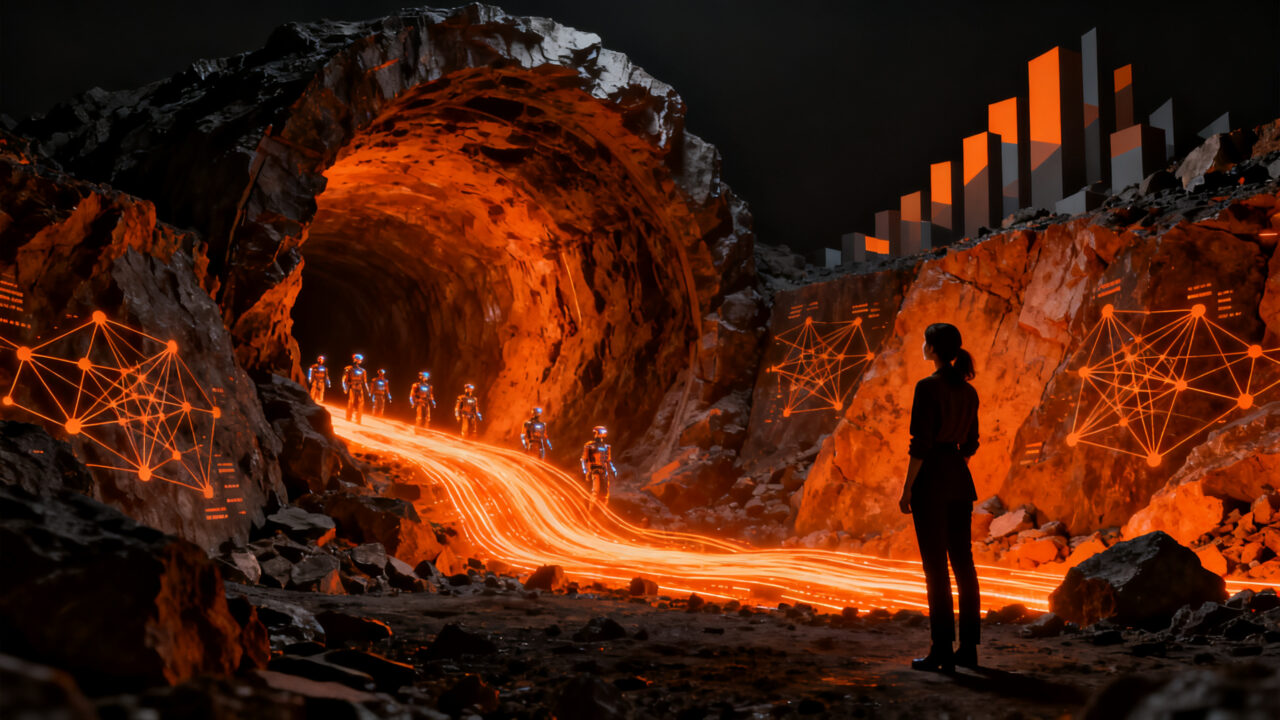 Líder de startup de IA minera con agentes inteligentes optimizando operaciones en túnel subterráneo, representando productividad y tecnología en la minería.