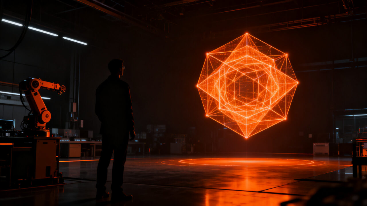 Fundador de startup de robótica analizando estructuras geométricas complejas, representando el debate entre álgebra geométrica y álgebra exterior en tecnología.