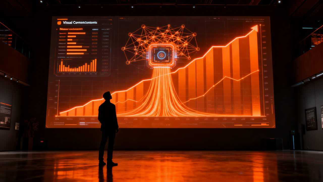 Estratega observando el crecimiento del valor de los datos visuales y la IA generativa, simbolizando el éxito bursátil tras alianzas entre Getty Images y OpenAI.