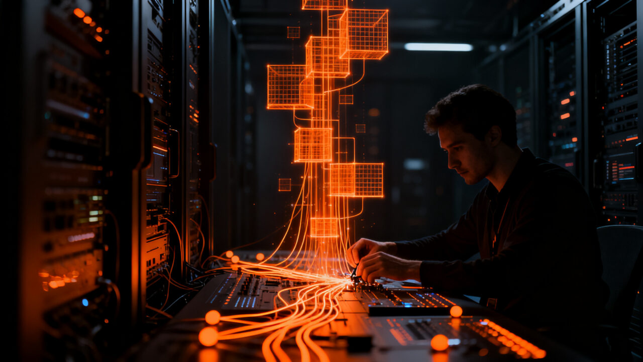 Ingeniero de software resolviendo una desconexión en una red de automatización digital, representando la recuperación de integraciones GitHub, Slack y Teams.