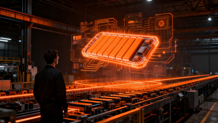 Planta de baterías de General Motors con tecnología de gemelos digitales y automatización industrial, representando la manufactura avanzada y escalabilidad en deeptech.