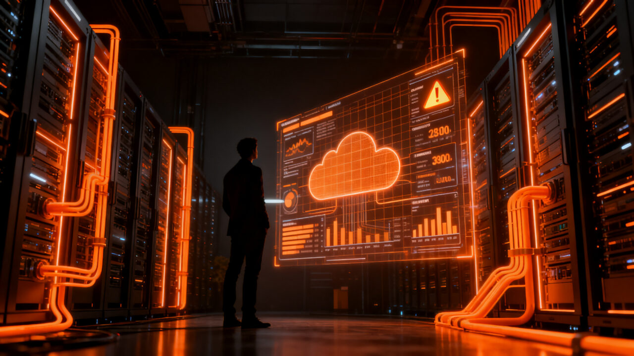 Founder supervisando panel de control de IA para evitar riesgos financieros en la nube y optimizar costes en AWS.