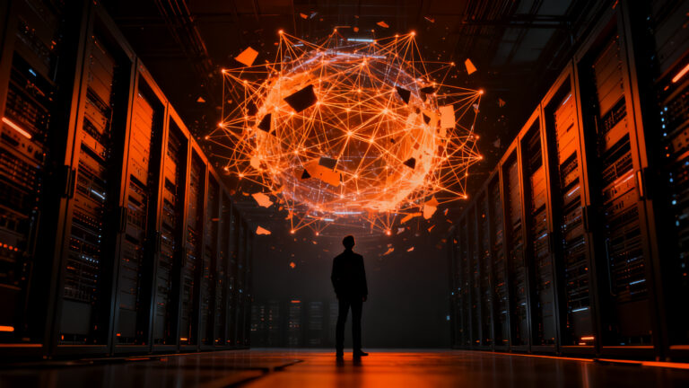 Empresario frente a una red compleja de inteligencia artificial, representando el desafío de la gobernanza y ciberseguridad en startups.