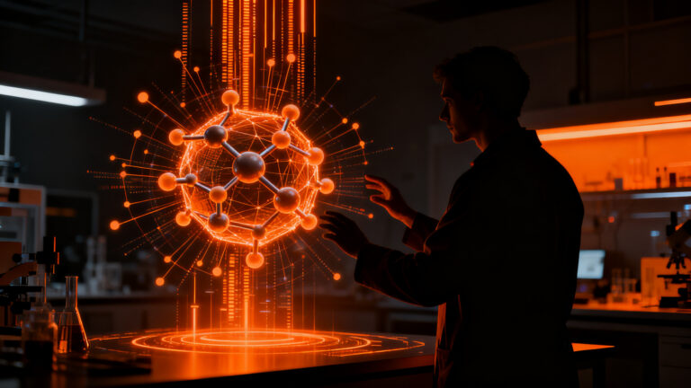 Investigador utilizando IA científica en Google Cloud y SandboxAQ para acelerar el descubrimiento de fármacos y nuevos materiales.