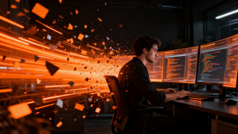 Desarrollador trabajando con Gemini Diffusion para acelerar la generación de texto en IA, optimizando la velocidad de inferencia para startups.