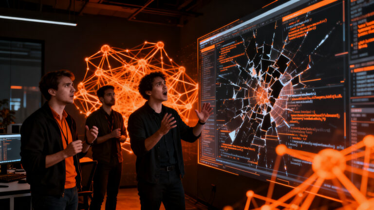 Ingenieros de software analizando herramientas de IA en un entorno corporativo, representando los desafíos de la cultura de ingeniería y productividad.
