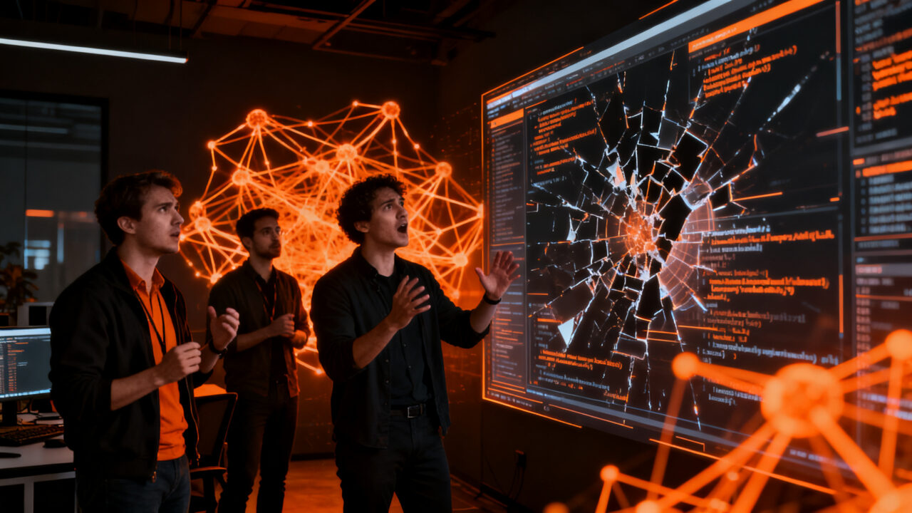 Ingenieros de software analizando herramientas de IA en un entorno corporativo, representando los desafíos de la cultura de ingeniería y productividad.