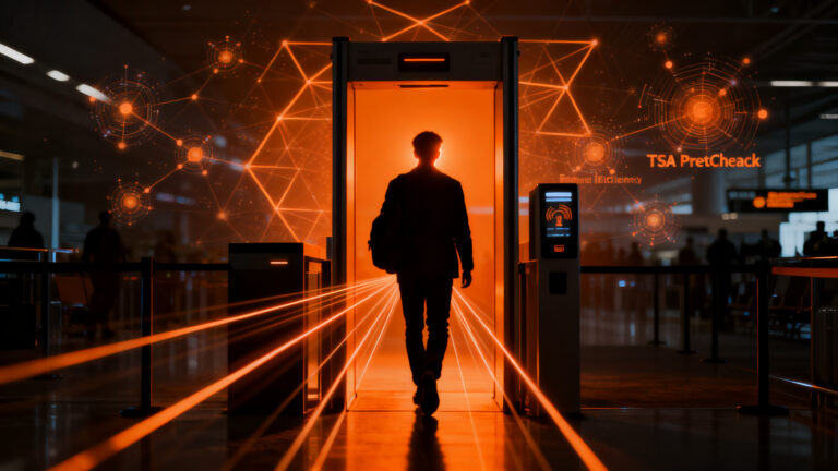Pasajero utilizando biometría facial en un aeropuerto, integrando tecnología de Google Wallet e identidad digital.