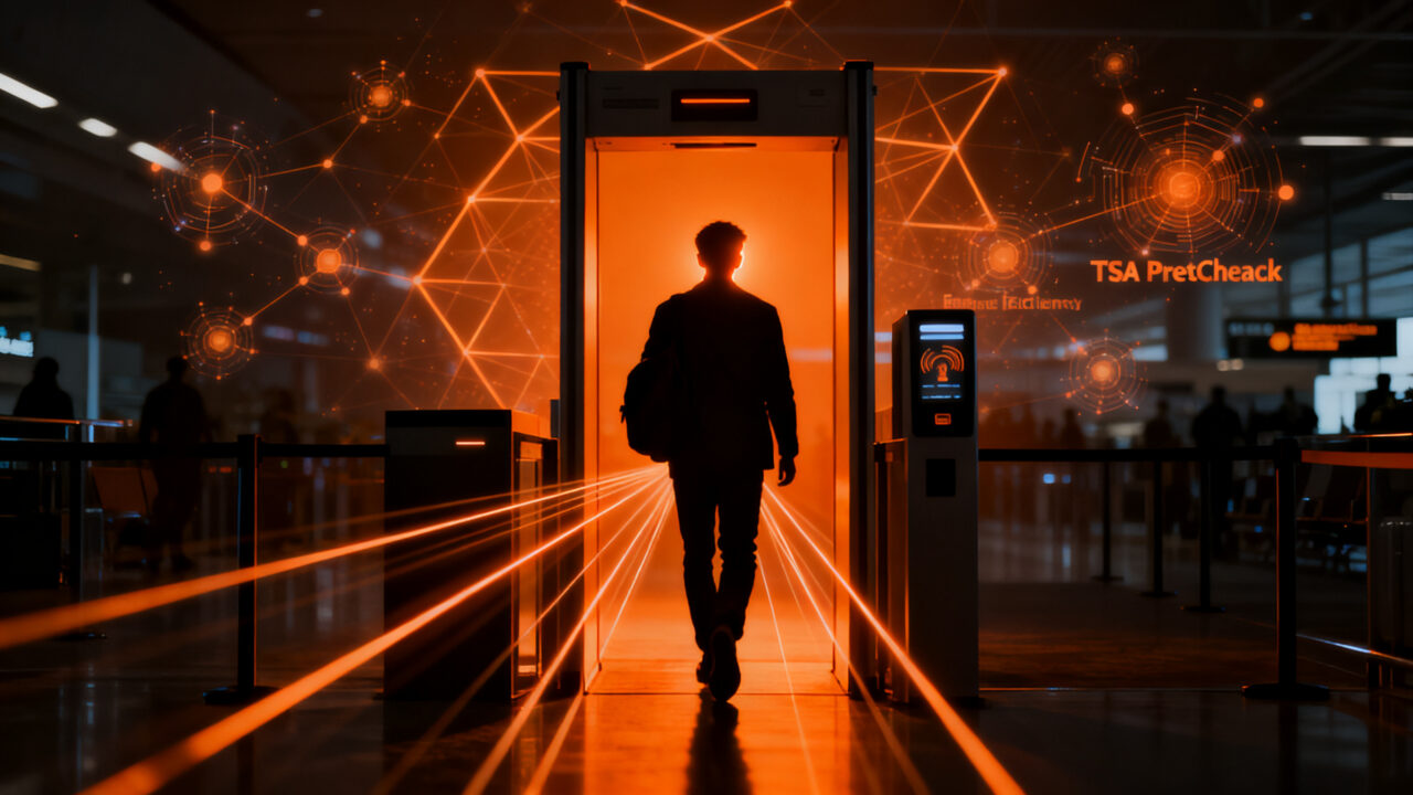 Pasajero utilizando biometría facial en un aeropuerto, integrando tecnología de Google Wallet e identidad digital.