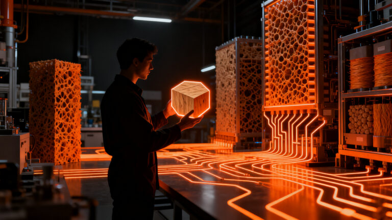 Emprendedor analizando supercapacitores sostenibles de madera, representando la innovación en energía deeptech y sostenibilidad.