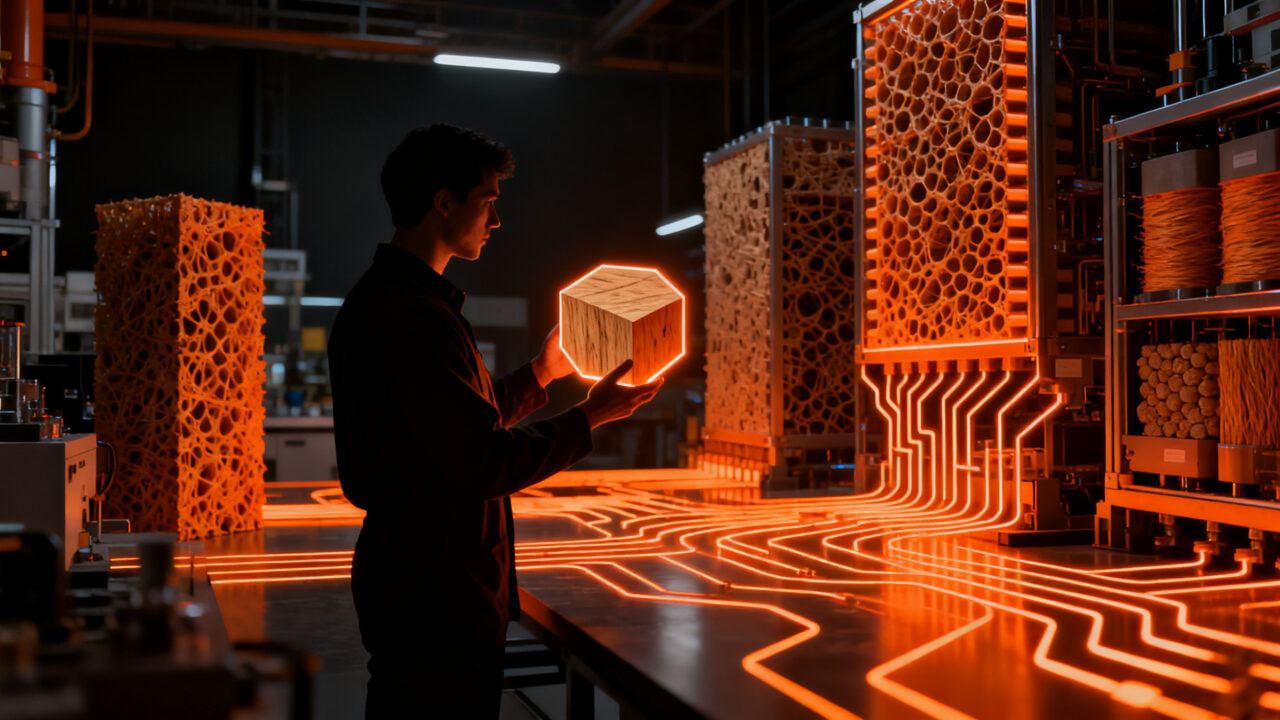 Emprendedor analizando supercapacitores sostenibles de madera, representando la innovación en energía deeptech y sostenibilidad.